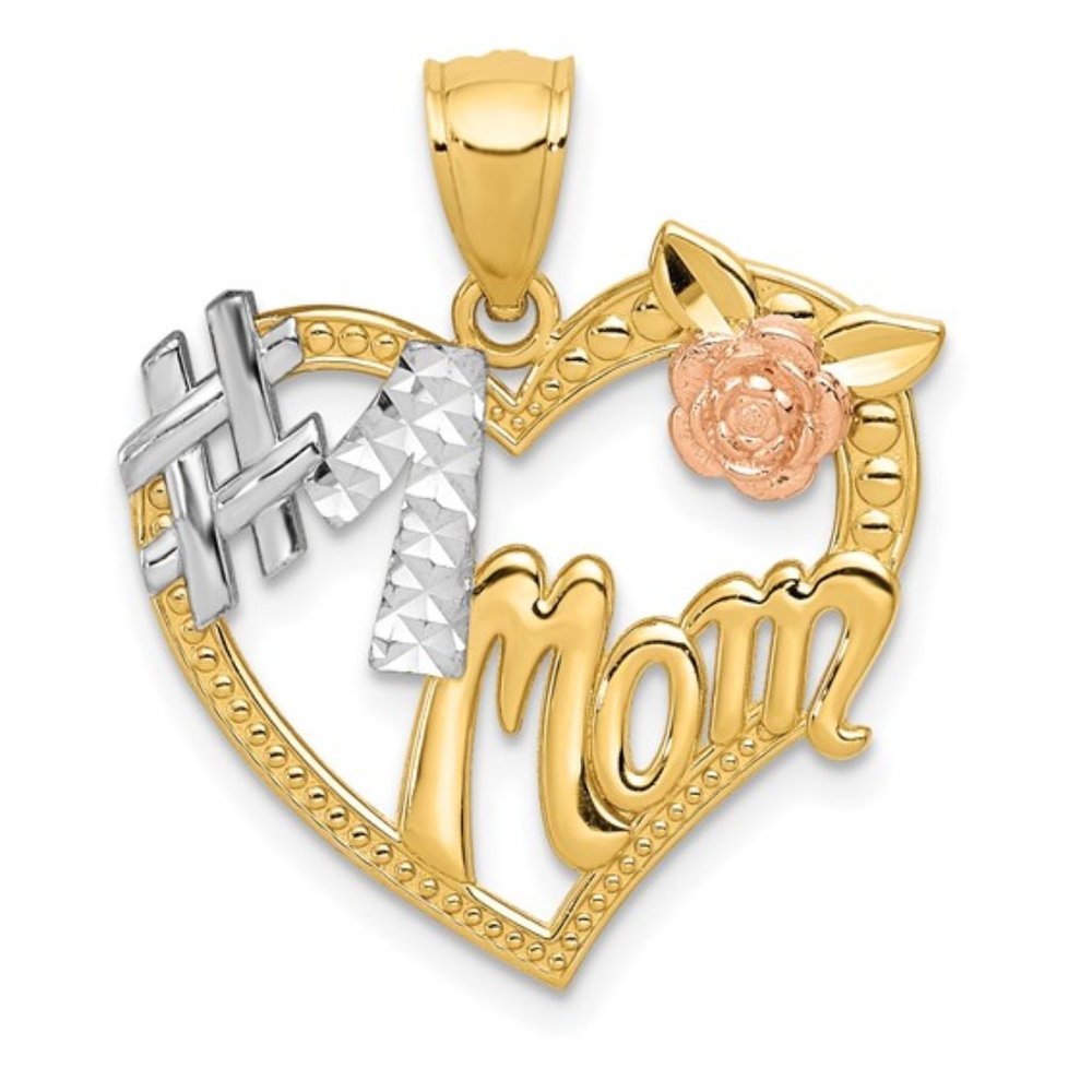 14k Two-tone White RH #1 MOM Heart Pendant Mother's Day Gift Birthday Christmas